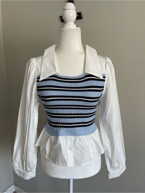 Egg White Button-Down with Blue & Black Striped Knit Overlay